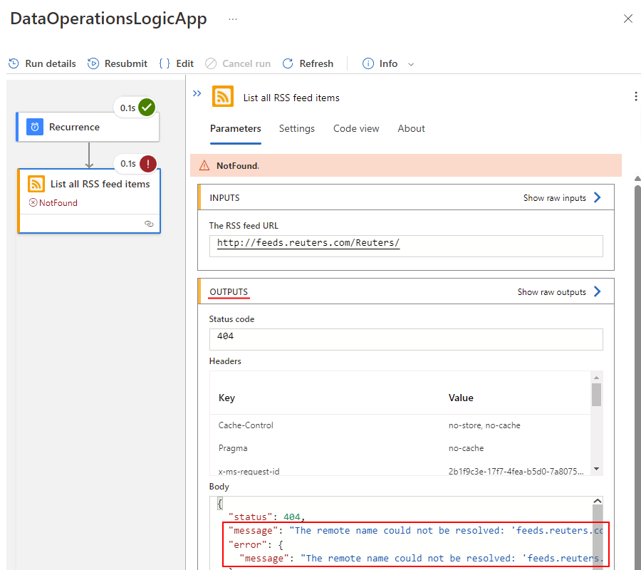 Screenshot showing Consumption logic app workflow with failed step outputs.
