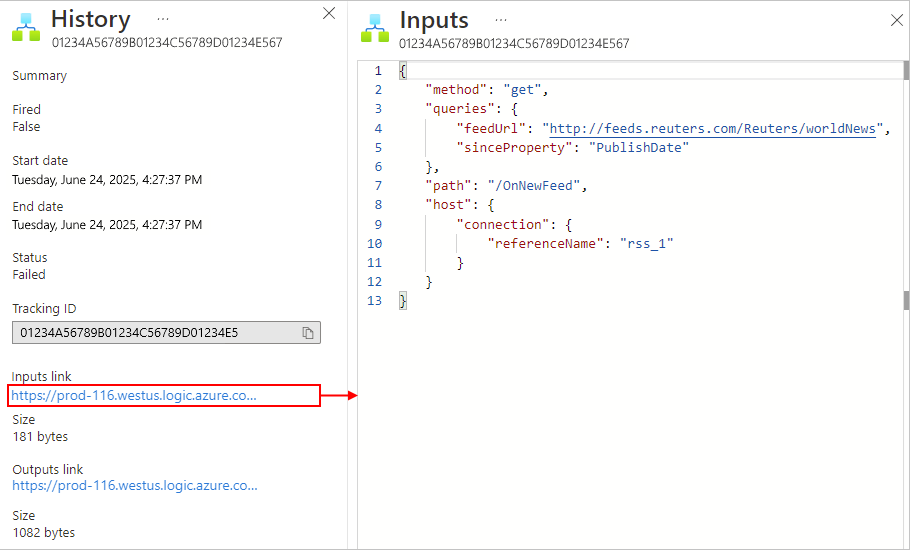 Screenshot showing Consumption logic app workflow trigger inputs.