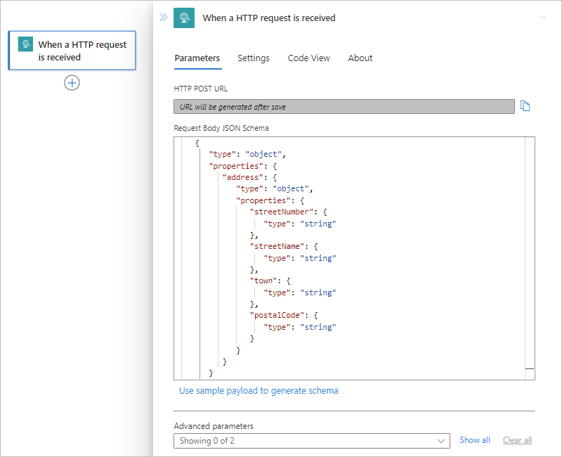 Screenshot shows Standard workflow with Request trigger and Request Body JSON Schema parameter with example schema.