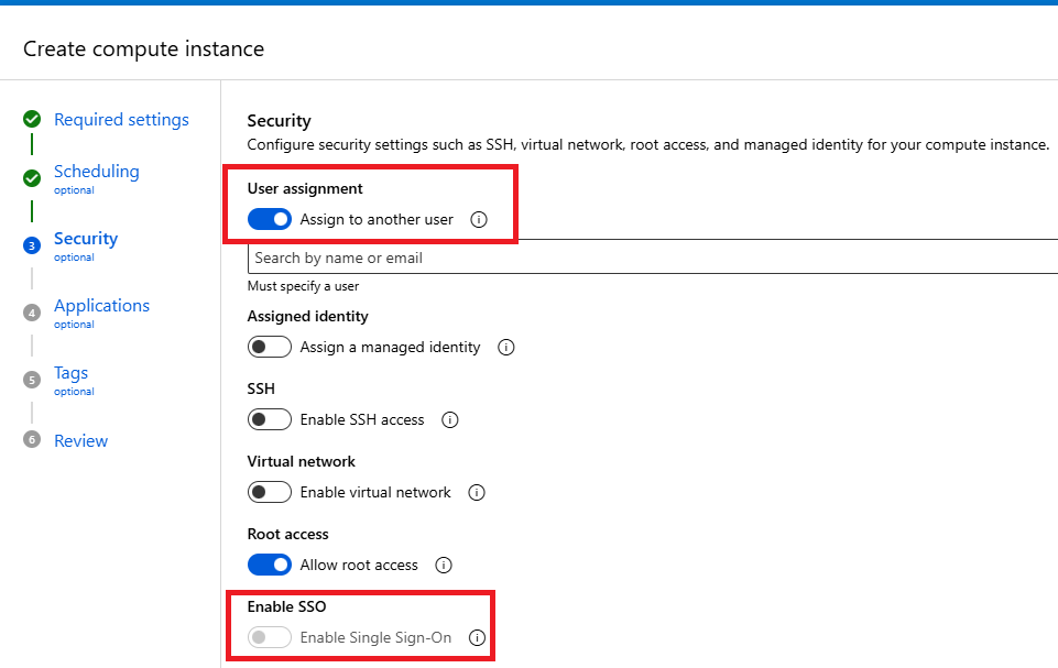 Screenshot shows SSO is disabled during creation of compute instance.