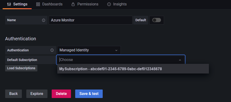 Screenshot of the Azure Monitor page in data sources.