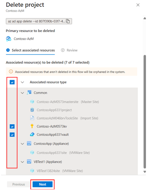 Window appears to delete a project with selected resource.