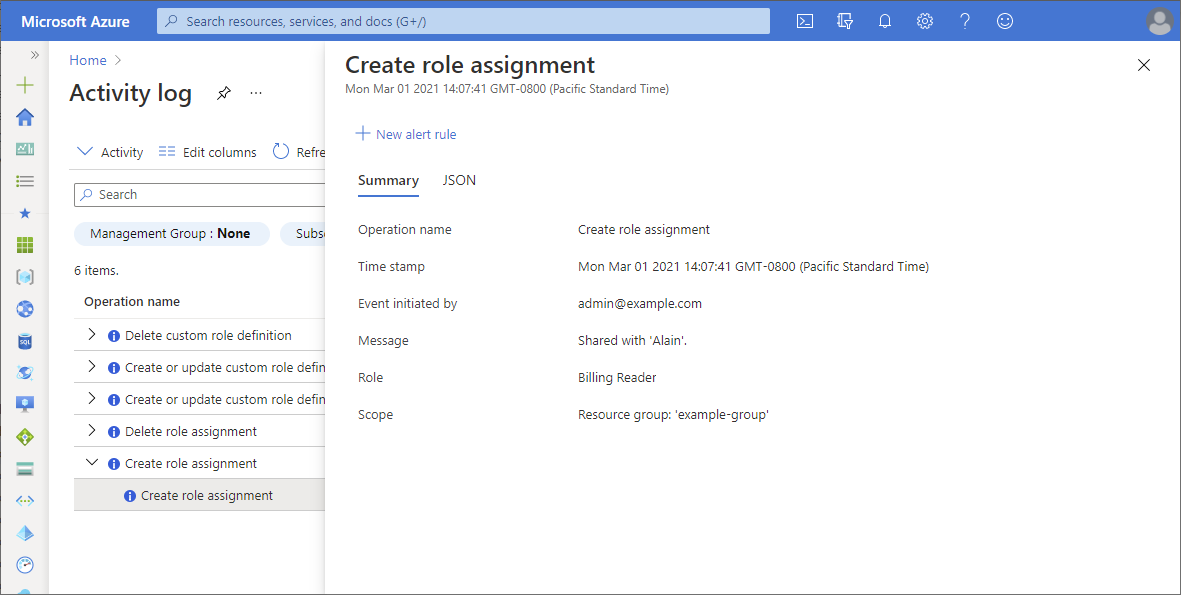 Activity logs using the portal with summary pane open - screenshot