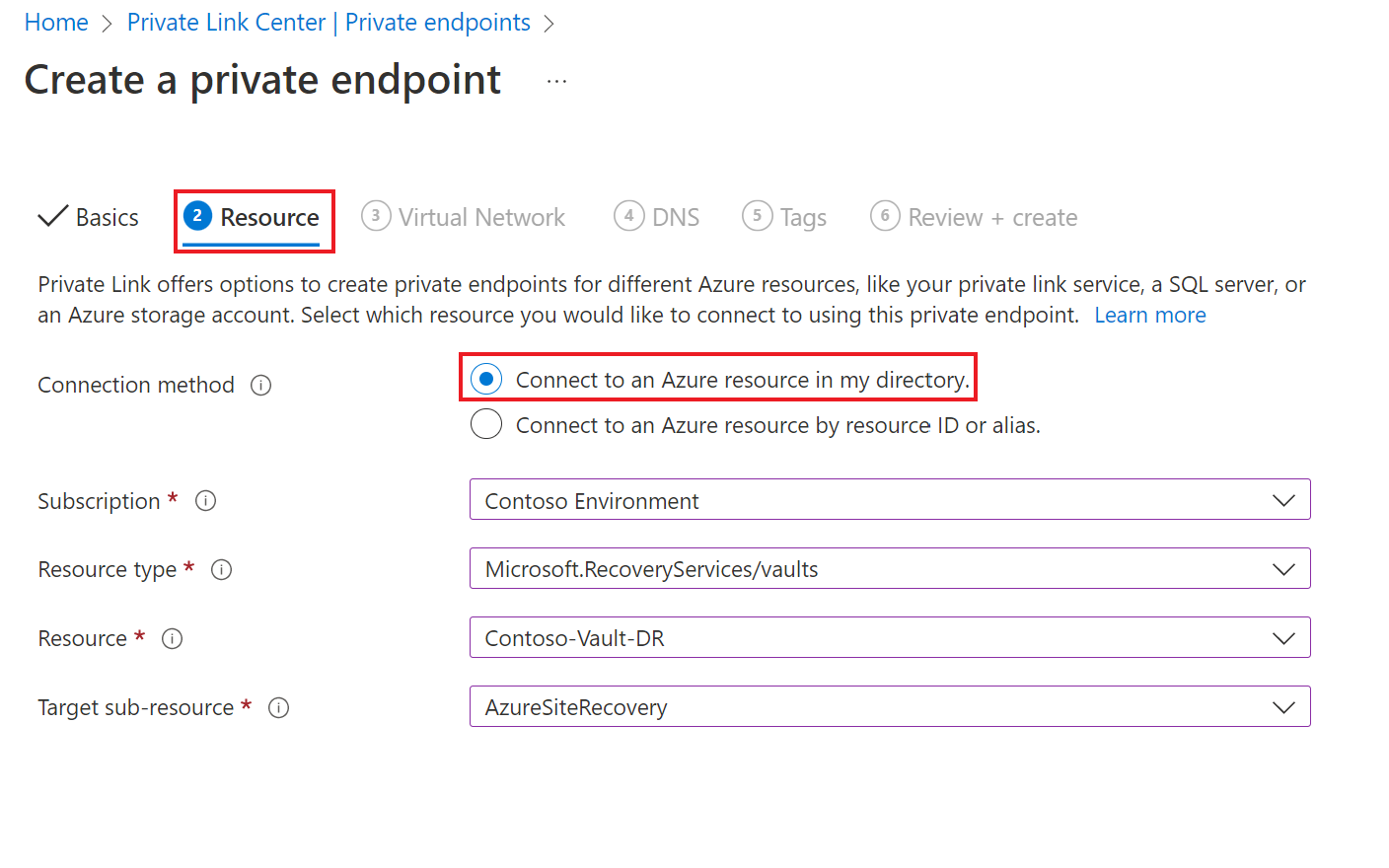 Screenshot that shows the Resource tab for linking to a private endpoint.