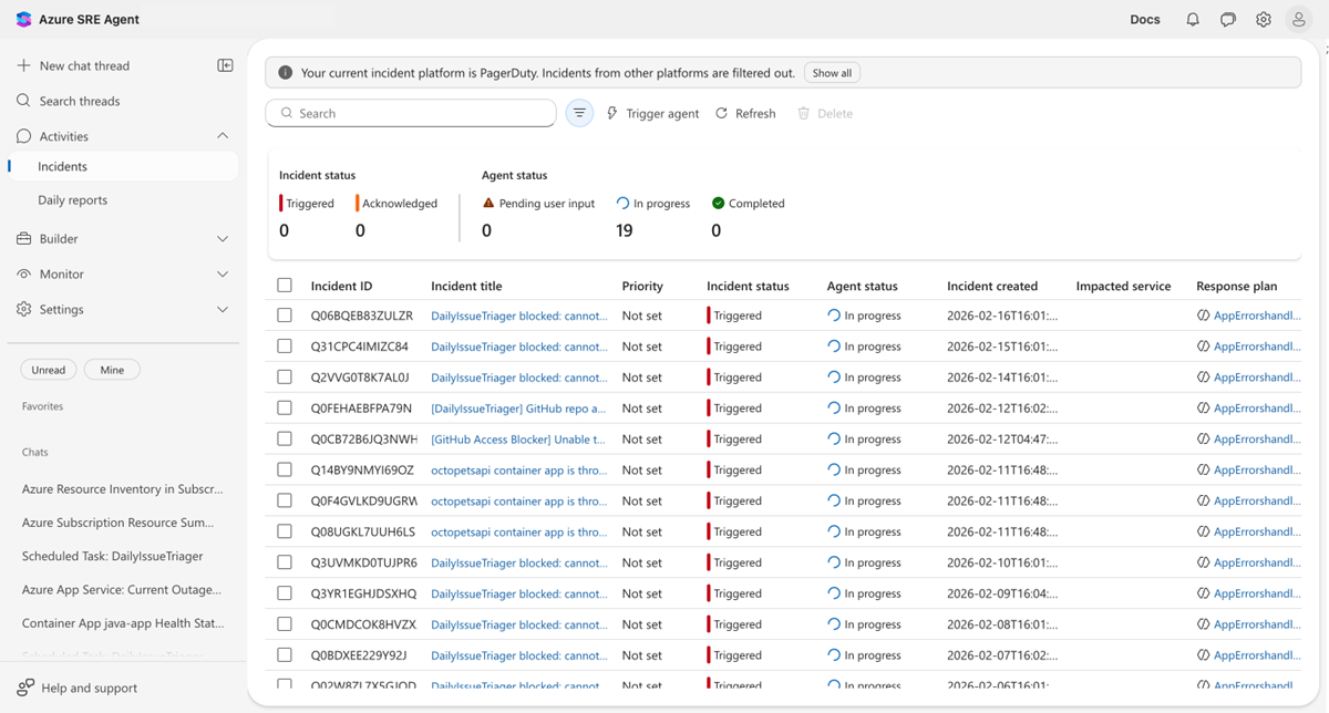 Screenshot of the incidents overview showing incident grid with status cards, filterable by time range, priority, and investigation status.