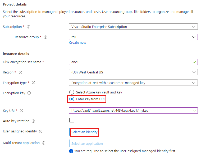 Screenshot showing how to enter the project and instance details to create a new disk encryption set.