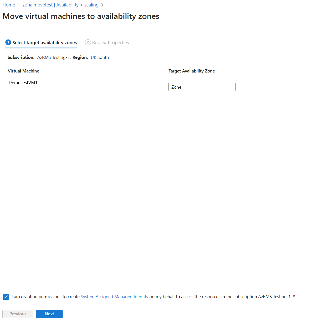 Screenshot of select target availability zone.