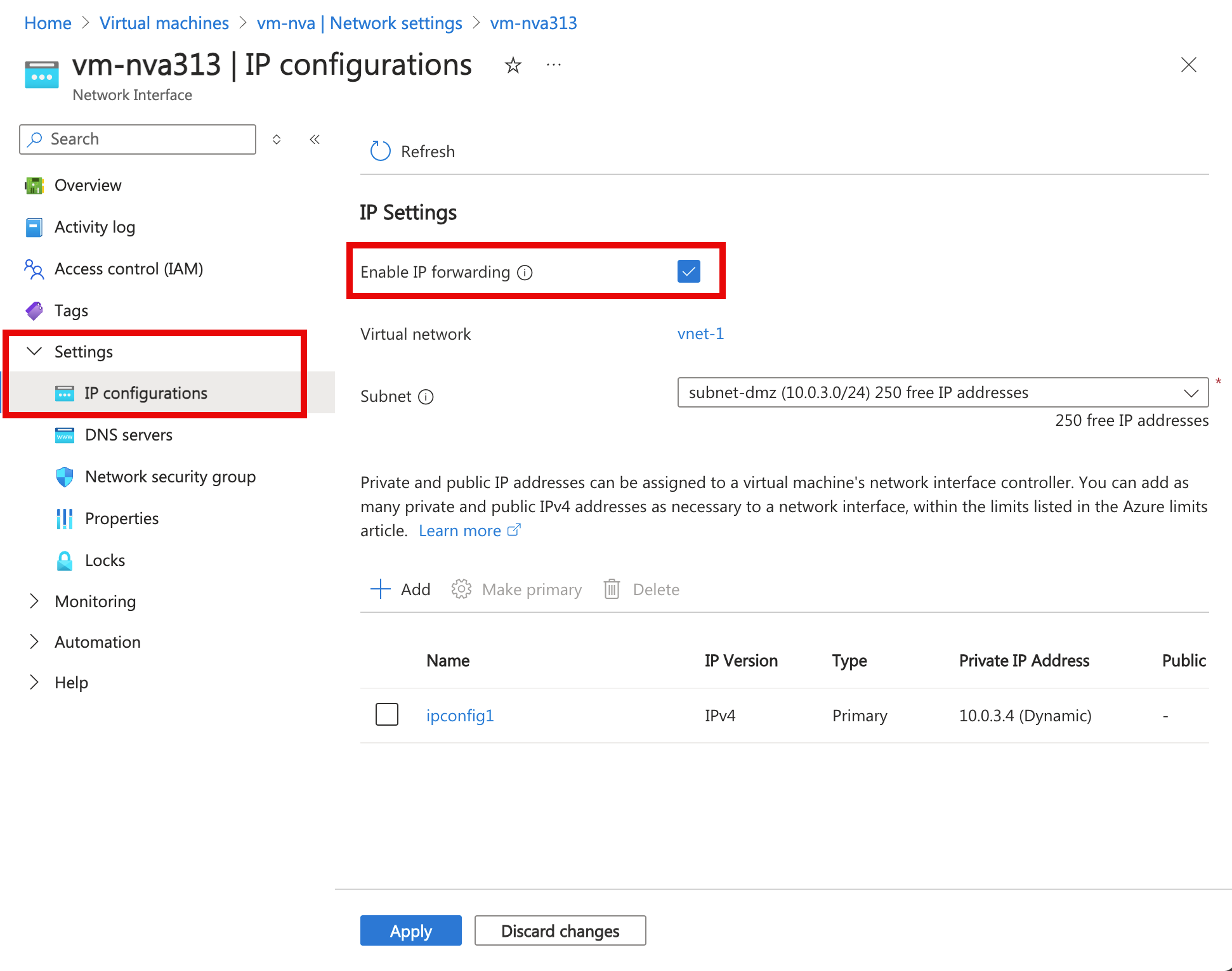 Screenshot of enablement of IP forwarding.