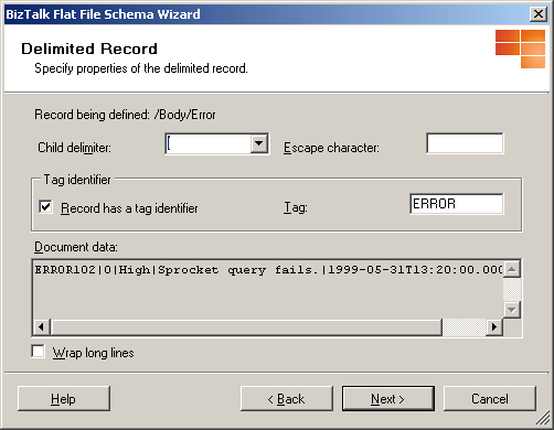 ffwiz_bodyerror_delimited_record Configuring delimited record with tag identifier