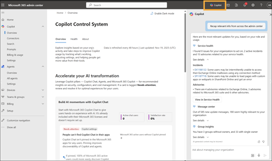 Screenshot of the Copilot control system dashboard page showing a selection of the Copilot button in the top right.