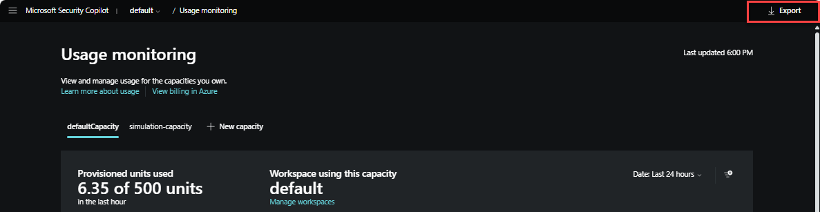 Screenshot showing the usage monitoring dashboard export button.
