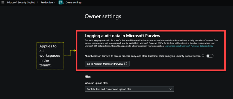 Image of owner settings page with logging audit data highlighted.