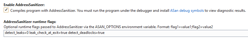 Screenshot of the Enable Address Sanitizer option showing some Address Sanitizer run time flags like detect_leaks=0.