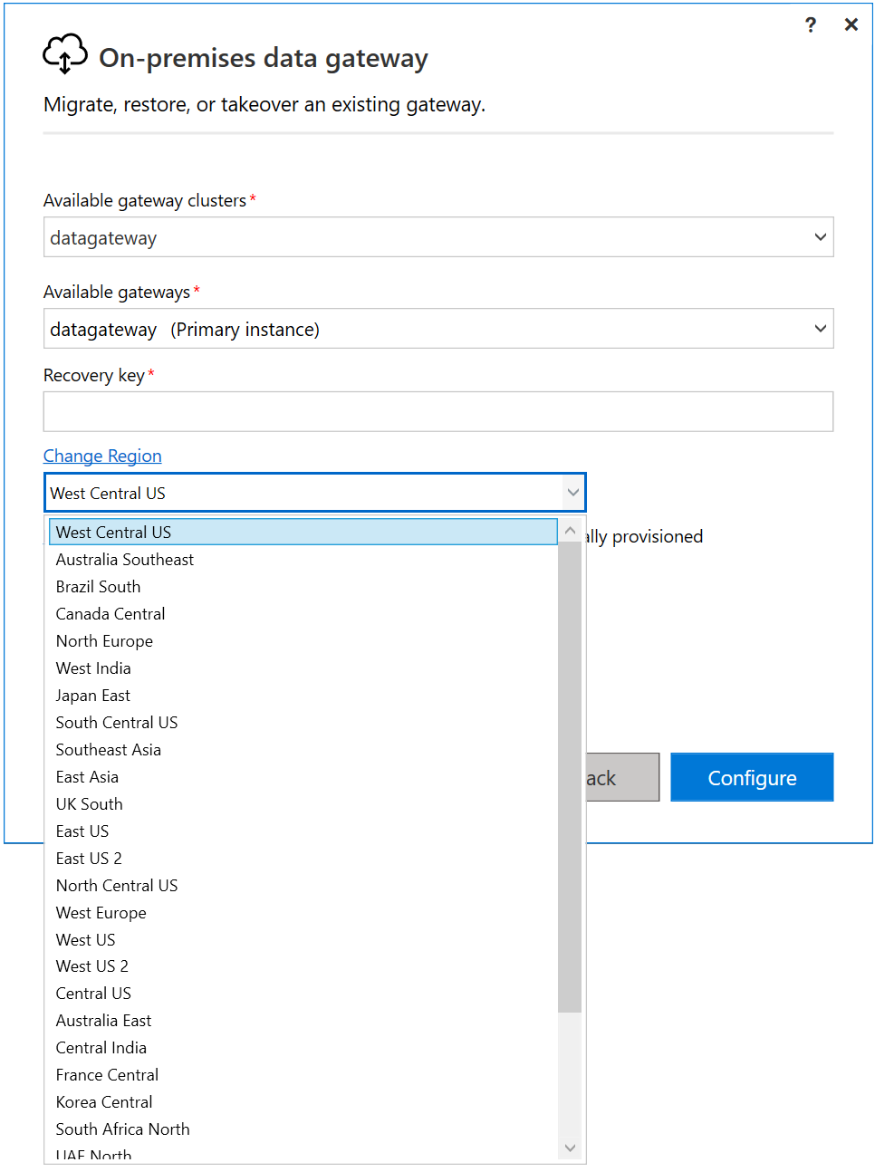 Screenshot of the Migrate, restore, or takeover an existing gateway page with the change region menu displayed with West Central US selected.
