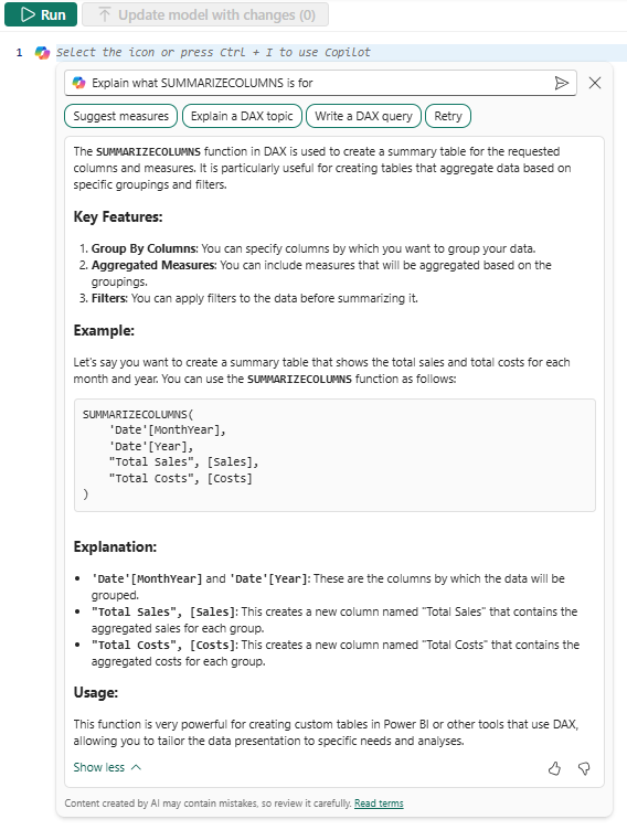 สกรีนช็อตที่แสดง Copilot สร้างคําอธิบายเชิงลึกมากขึ้น