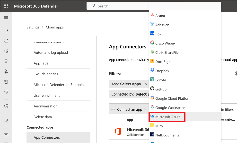Screenshot that shows the Azure connector in the Defender portal.