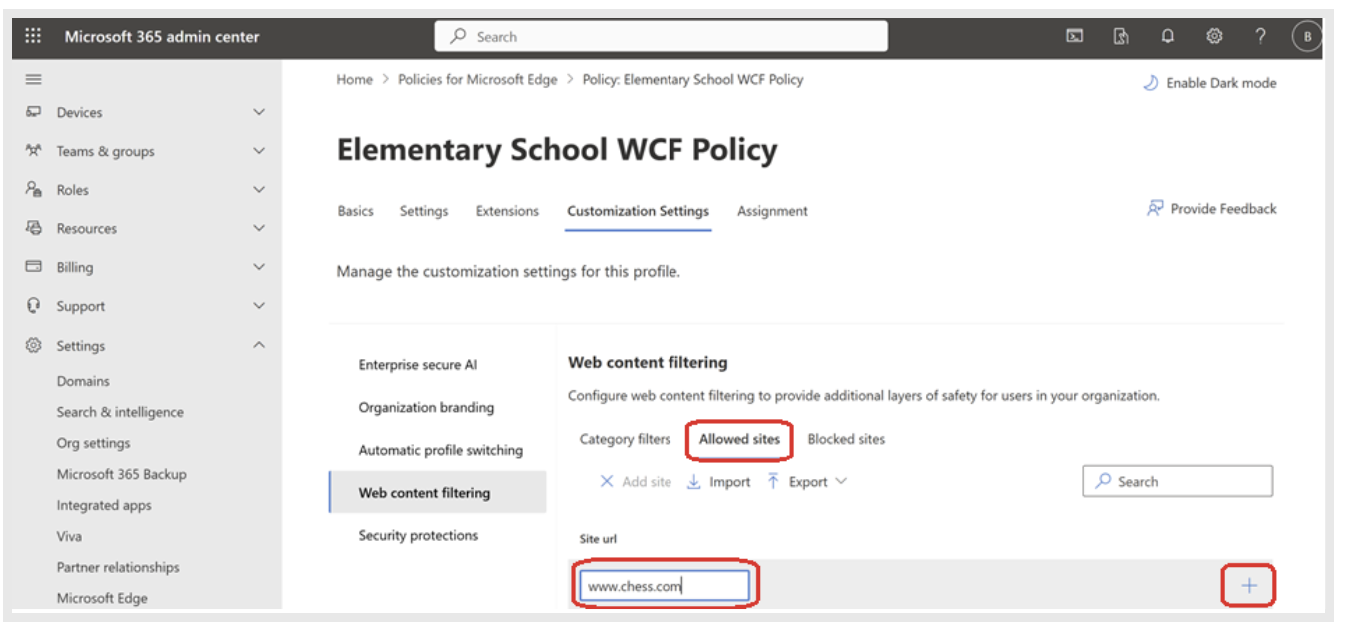 Enter URL for allowed sites in Web content filtering.