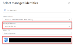 A screenshot showing how to use the select managed identities dialog to filter and select the managed identity to assign the role to.