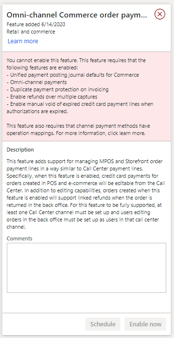 Screenshot of the message about prerequisite features and configurations.