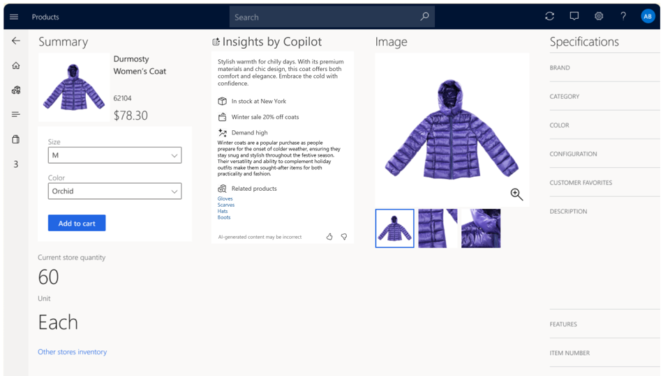 สกรีนช็อตของข้อมูลเชิงลึกผลิตภัณฑ์ตามคุณลักษณะ Copilot ในแอป Store Commerce.