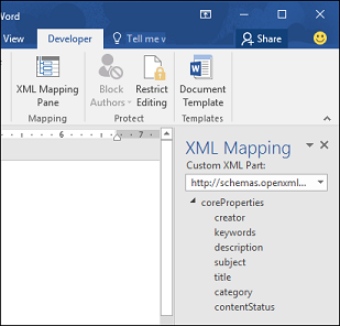 บานหน้าต่างการแม็ป XML ใน Word