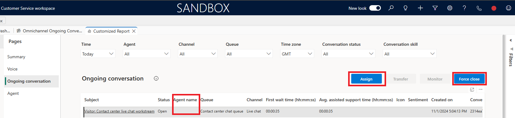 ภาพหน้าจอที่แสดงการดำเนินการที่เปิดใช้งานเมื่อไม่มีการกำหนดชื่อเอเจนต์