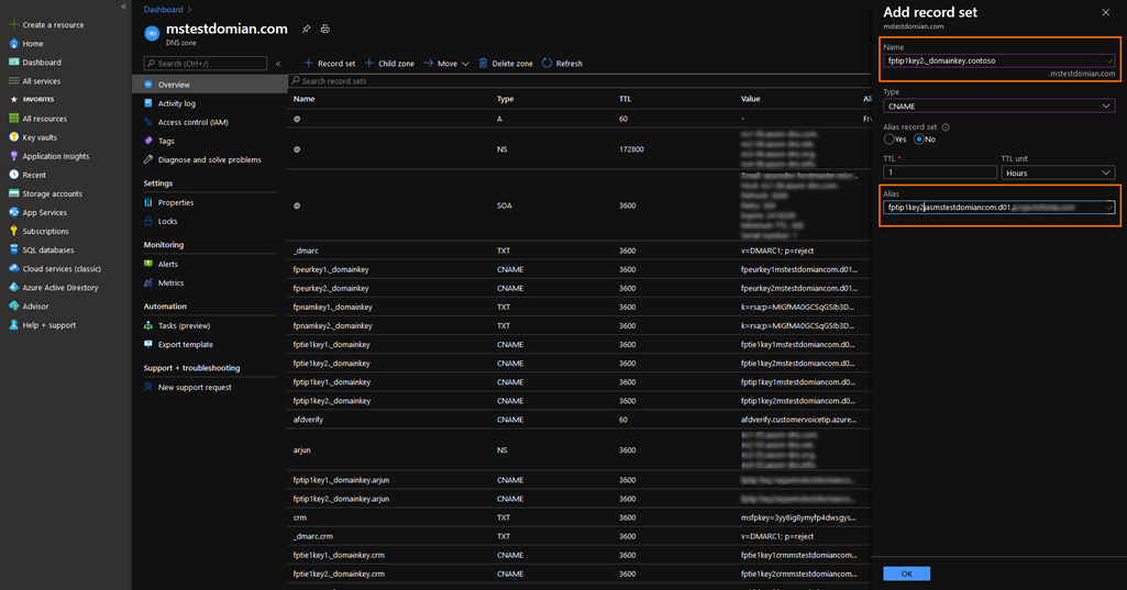 เพิ่มนามแฝงและที่อยู่ CNAME ใน Microsoft Azure