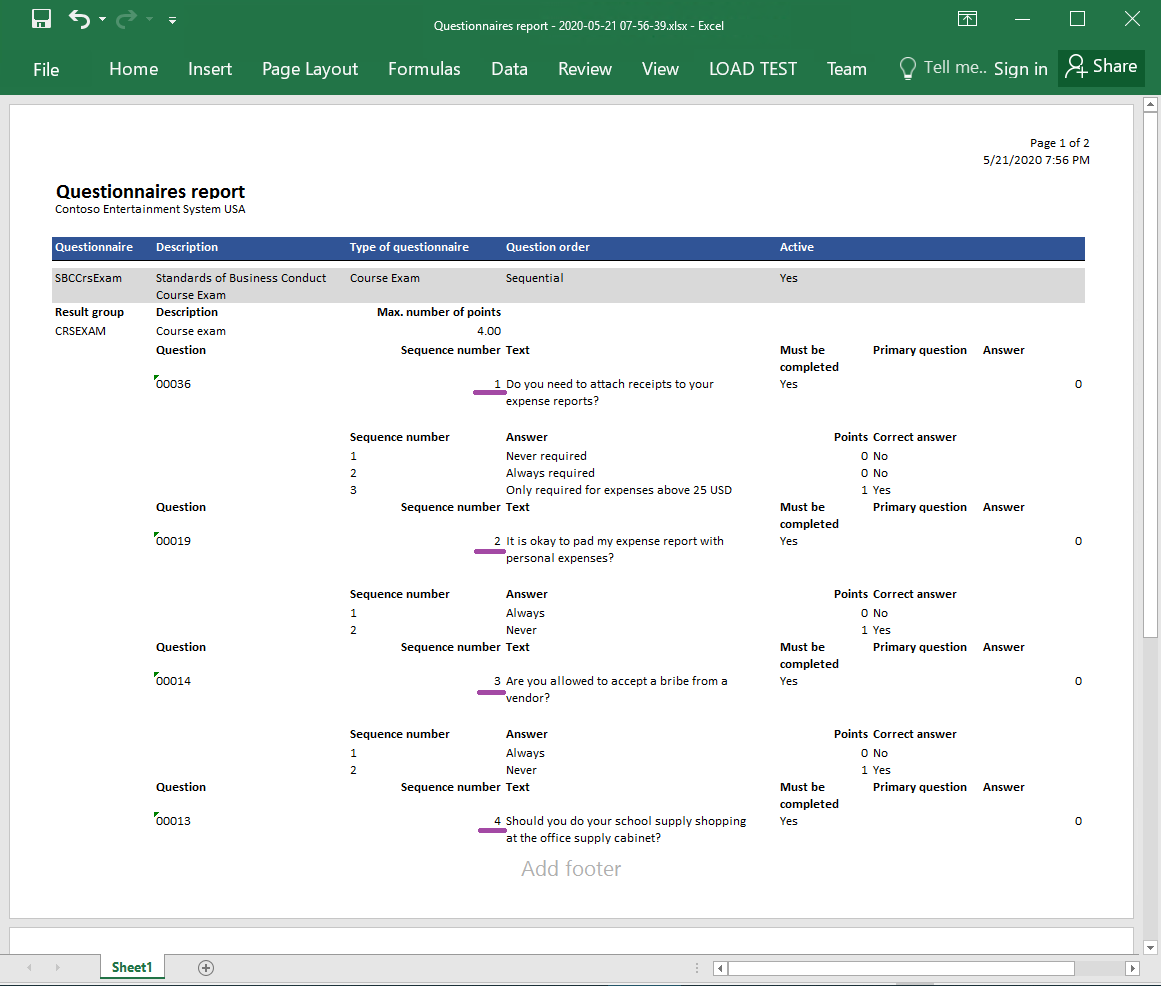 รายงานที่สร้างขึ้นในรูปแบบ Excel ซึ่งมีคำถามที่จัดลำดับอย่างถูกต้อง