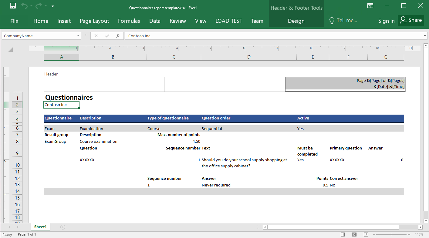 ส่วนหัวของรายงานแบบกำหนดเองในเทมเพลต Excel ที่ระบุ