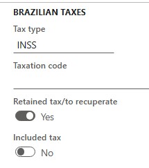 Retained tax/to recuperate option set to Yes in the Brazilian taxes section.