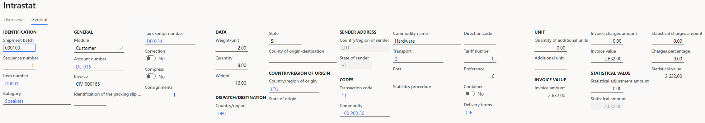 Sales order details on the General tab of the Intrastat page