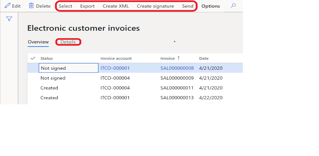 Electronic customer invoices page.