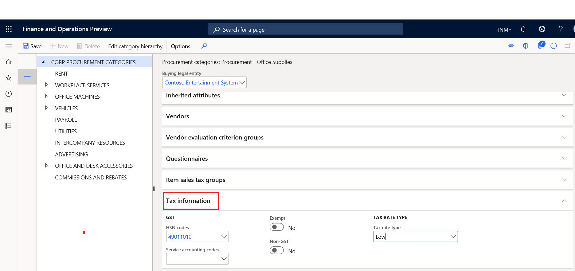 Procurement categories page, Tax information FastTab.