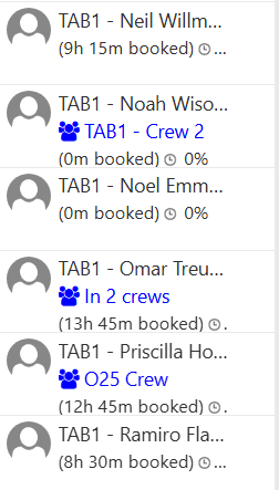 Screenshot of a list of resources where three are tagged as being part of one or more crews.