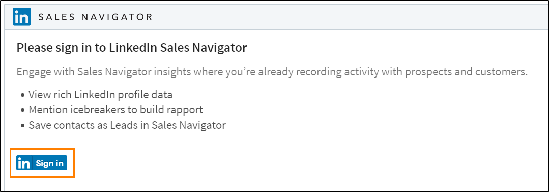 กล่องโต้ตอบลงชื่อเข้าใช้ LinkedIn Sales Navigator