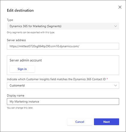 กล่องโต้ตอบแก้ไขปลายทางใน Customer Insights - Data กล่องโต้ตอบแก้ไขปลายทางใน Customer Insights - Data