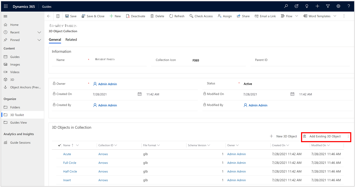Model-driven-app screen with Add Existing 3D Object selected Model-driven-app screen with Add Existing 3D Object selected.