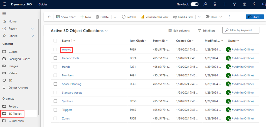 Model-driven app screen with Arrows collection selected Model-driven app screen with Arrows collection selected.