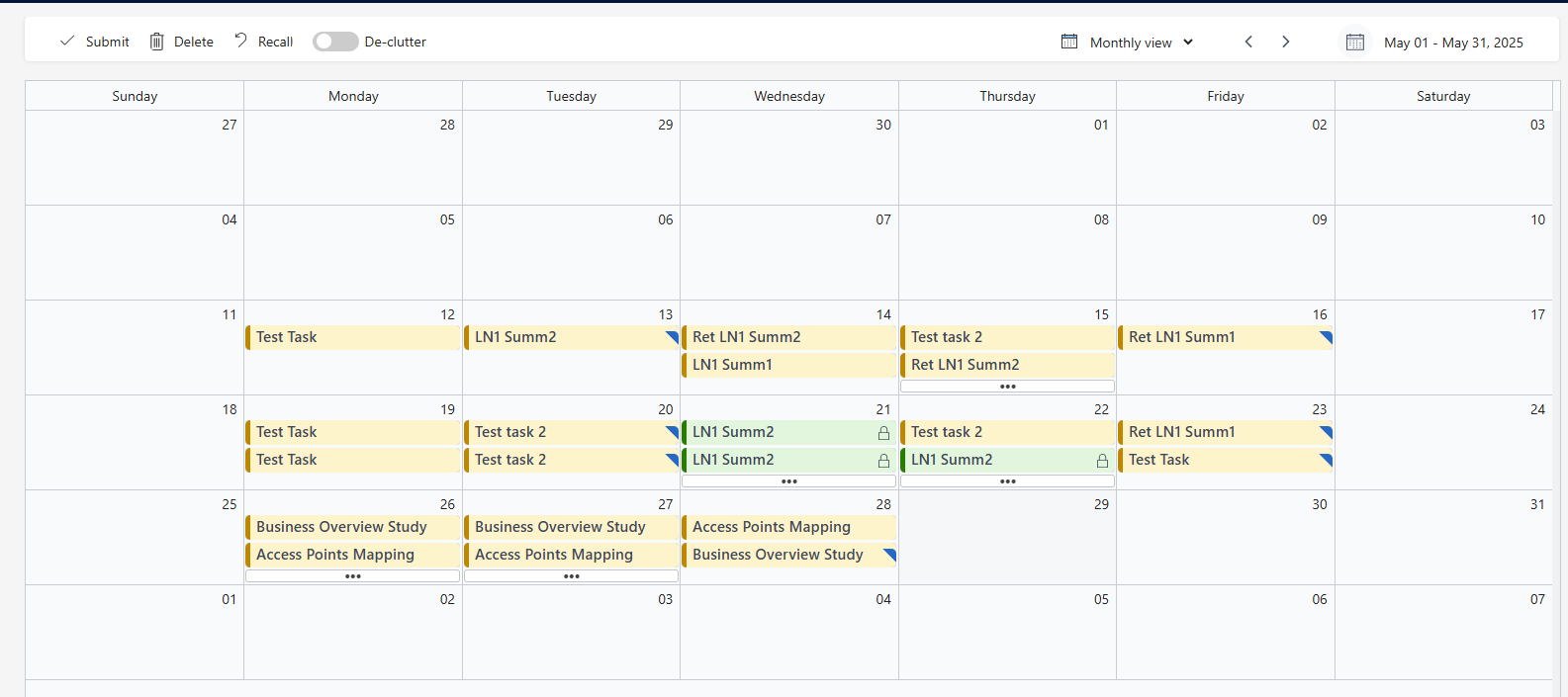 สกรีนช็อตที่แสดงตัวอย่างของมุมมองรายเดือนในอินเทอร์เฟซปฏิทินรายการเวลา