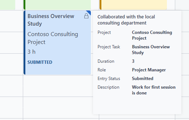 สกรีนช็อตที่แสดงคําแนะนําเครื่องมือสําหรับรายการเวลาที่ใส่ข้อคิดเห็นและคําอธิบายภายนอก คําแนะนําเครื่องมือยังรวมถึงโครงการ งานโครงการ ระยะเวลา บทบาท และสถานะรายการสําหรับรายการ