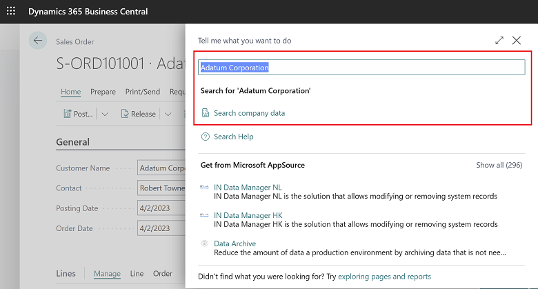 Shows search for company data in Tell Me run from the context of currently selected field on page Shows search for company data in Tell Me run from the context of currently selected field on page
