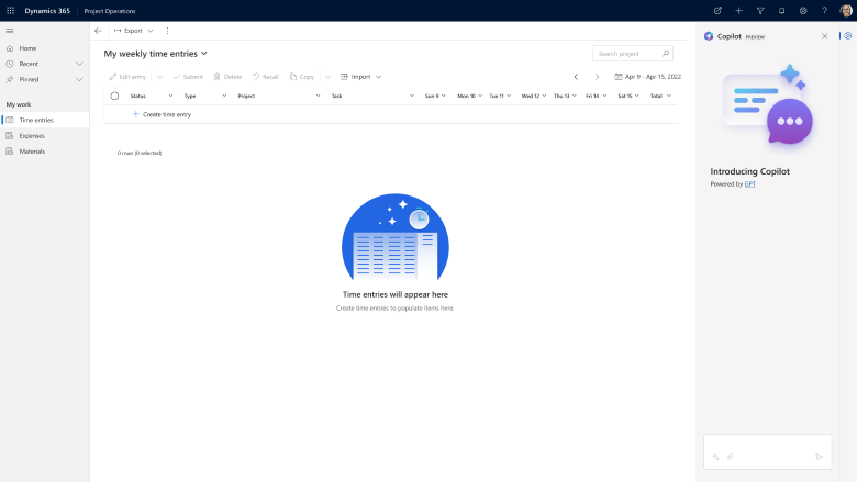 Screenshot introducing Copilot for time entry.