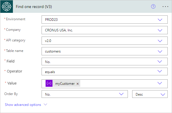 A new Find one record action in Power Automate connector