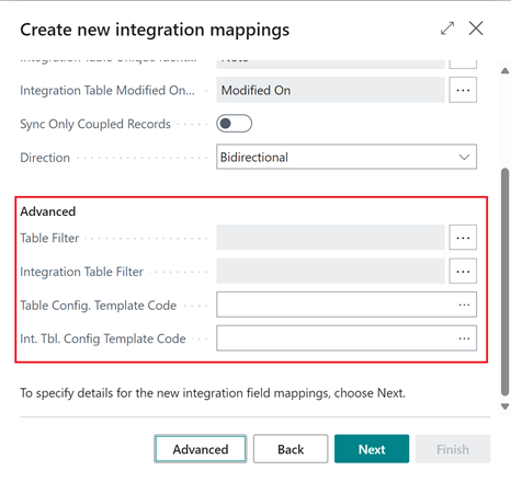 Shows Advanced integration table mapping details Shows Advanced integration table mapping details