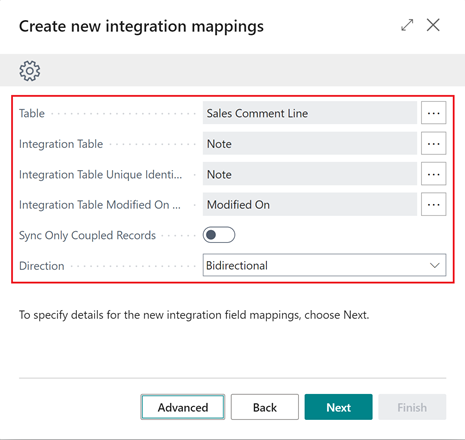 Shows new integration table mapping details step Shows new integration table mapping details step