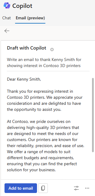 ภาพหน้าจอของบานหน้าต่าง Copilot พร้อมคำแนะนำแบบร่างอีเมล