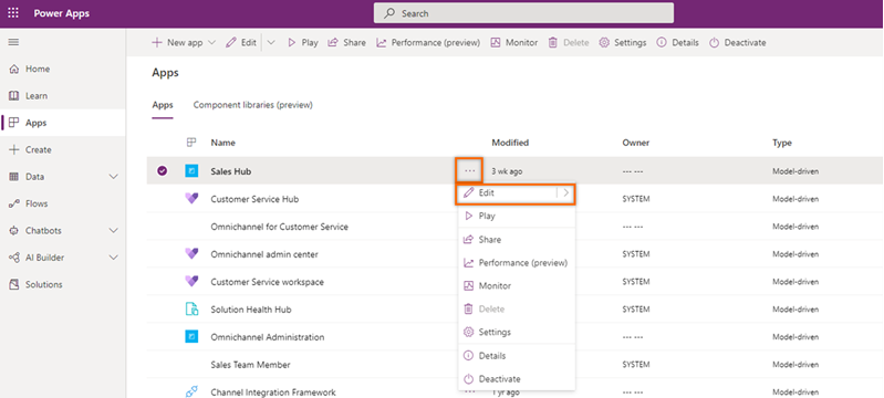 สกรีนช็อตของการเลือกแก้ไขจากตัวเลือกเพิ่มเติมบนแอปฮับการขาย