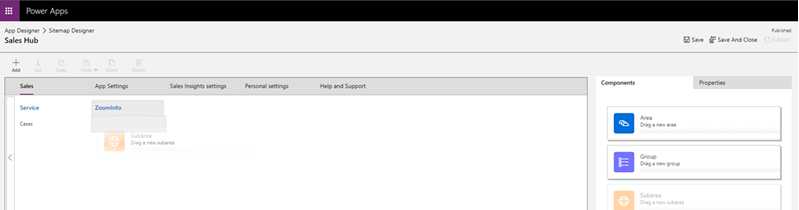สกรีนช็อตของการลากและปล่อยคอมโพเนนต์พื้นที่ย่อยไปยังกลุ่ม