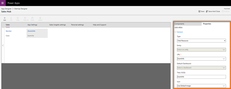 สกรีนช็อตของการป้อนคุณสมบัติสําหรับคอมโพเนนต์พื้นที่ย่อย