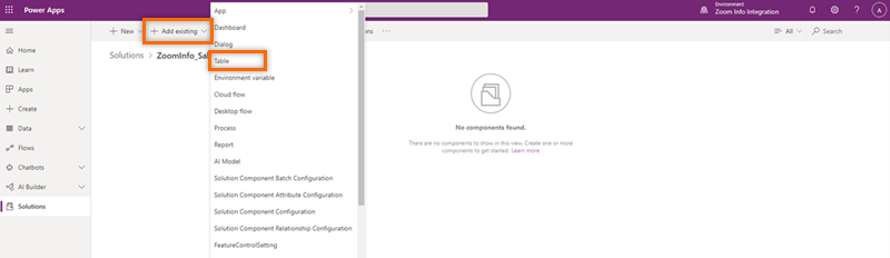 ภาพหน้าจอของการเลือกตัวเลือกตาราง